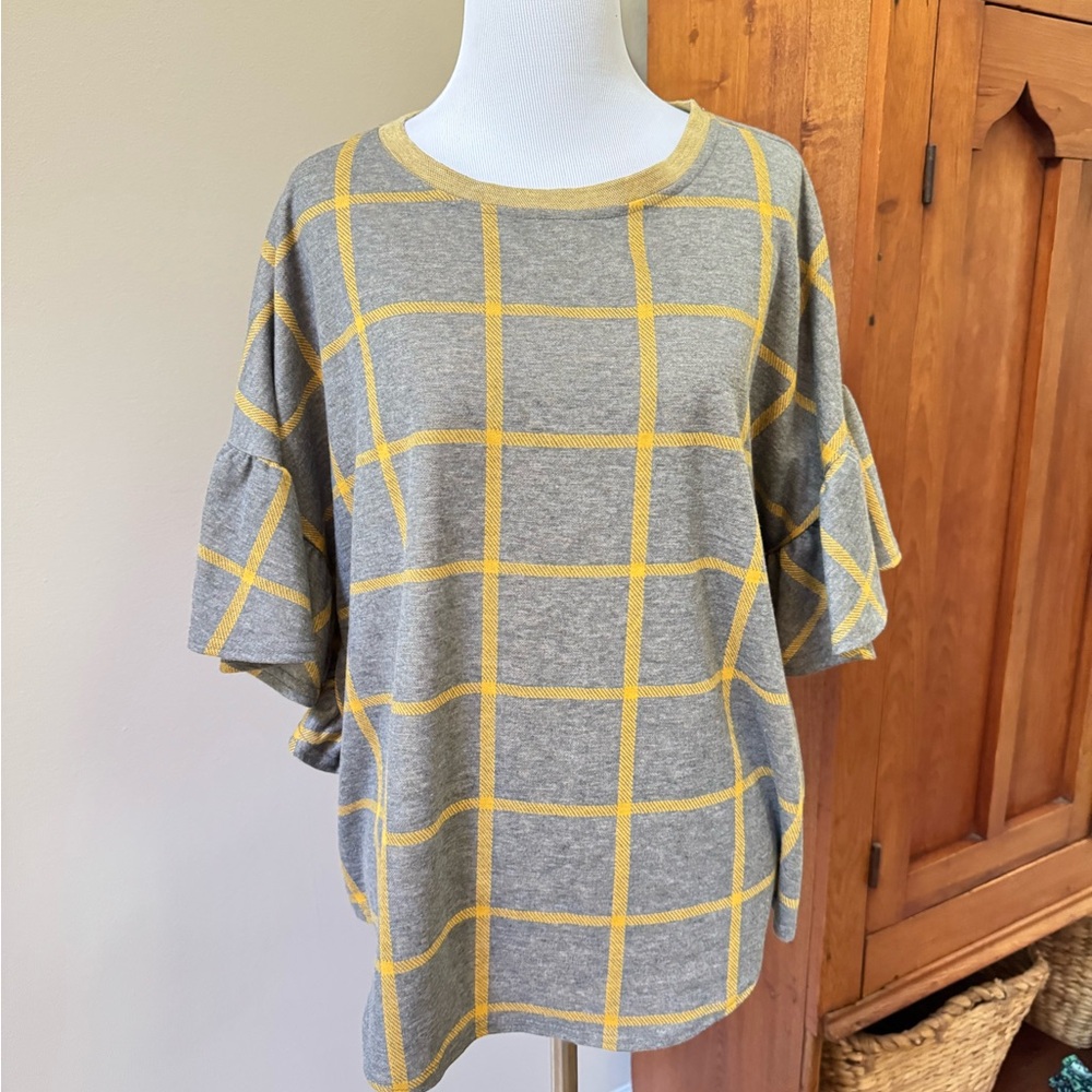 Ivy Jane Gray and Yellow Plaid flutter sleeve top